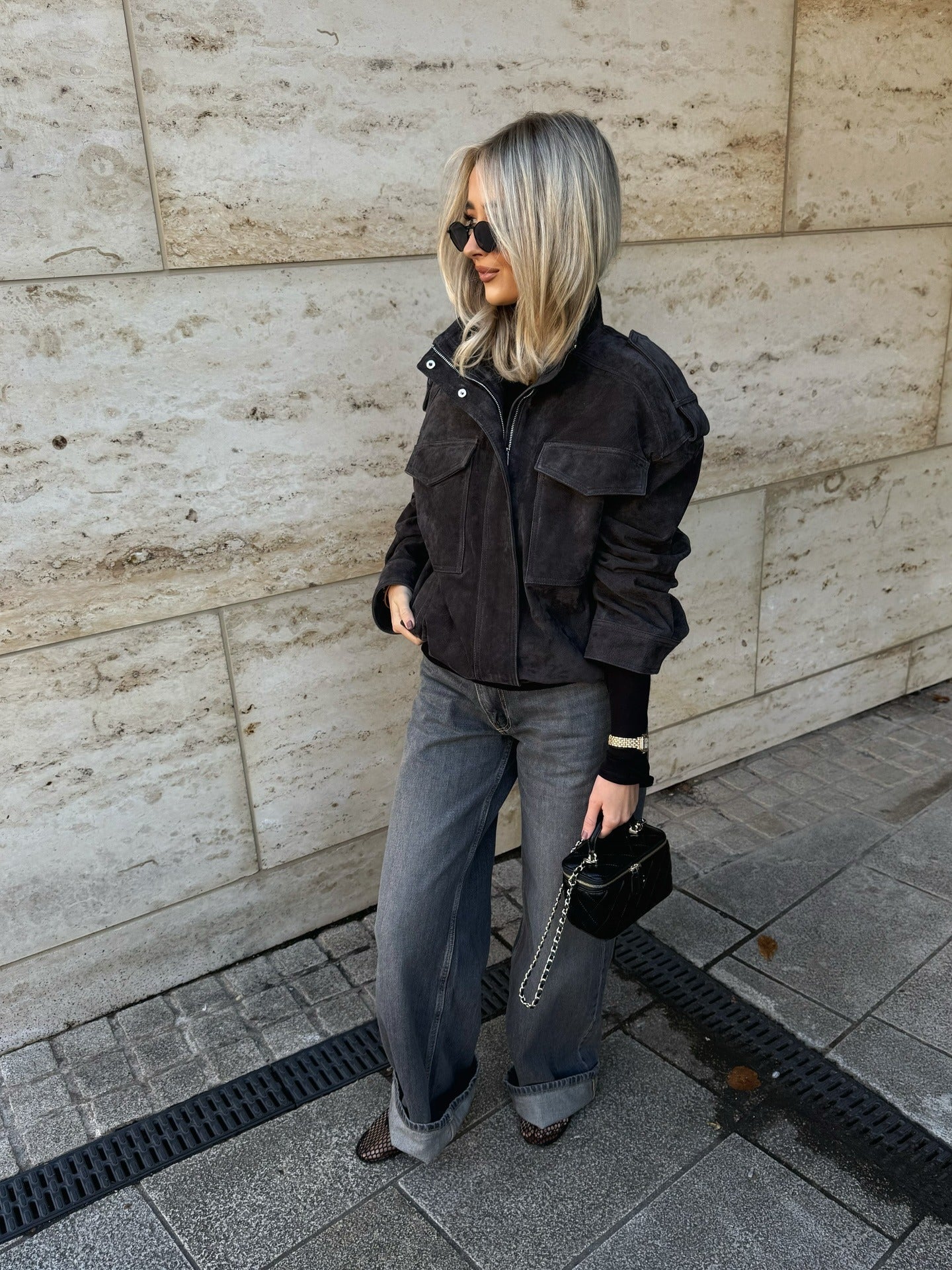 SOKYND Delphine High - Neck Suede Jacket Coats & JacketsCharcoalM