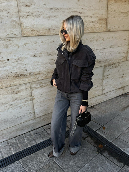 SOKYND Delphine High - Neck Suede Jacket Coats & JacketsCharcoalM