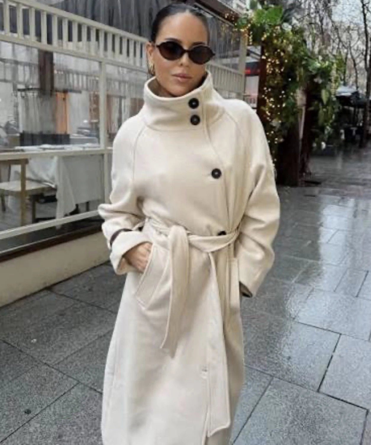 SOKYND Dolly Long Belted High Collar Coat Coats & JacketsBeigeS