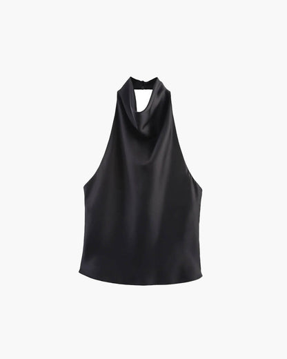 SOKYND Elaine Halter Backless Satin Top TopsBlackS