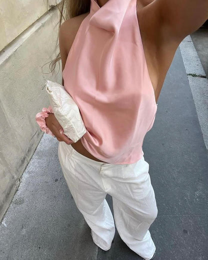 SOKYND Elaine Halter Backless Satin Top TopsPinkXS