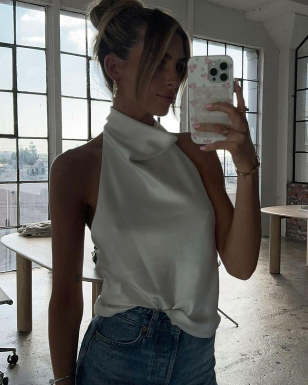 SOKYND Elaine Halter Backless Satin Top TopsWhiteXS