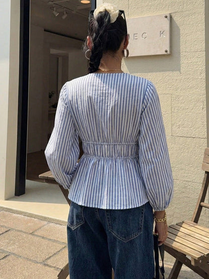 SOKYND Eulalia Striped Tie - Front Blouse TopsBlueXL
