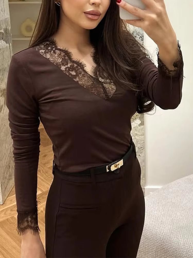 SOKYND Evelyn Lace V-Neck Casual Top TopSOKYND-482135-BRO-L-46903BrownL