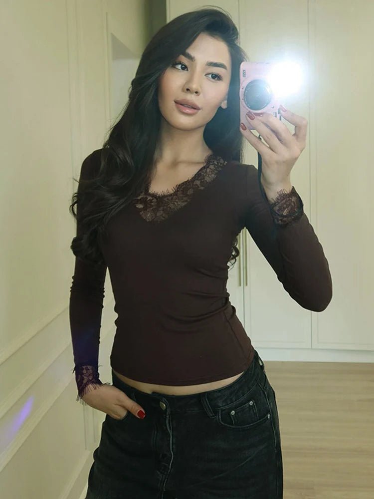 SOKYND Evelyn Lace V-Neck Casual Top TopSOKYND-482135-BRO-S-81367BrownS