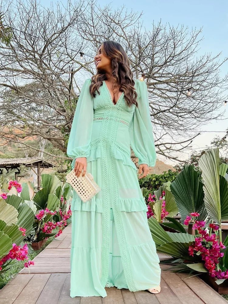 SOKYND Gemma Deep V - Neck Ruffle Maxi Dress DressLight GreenS