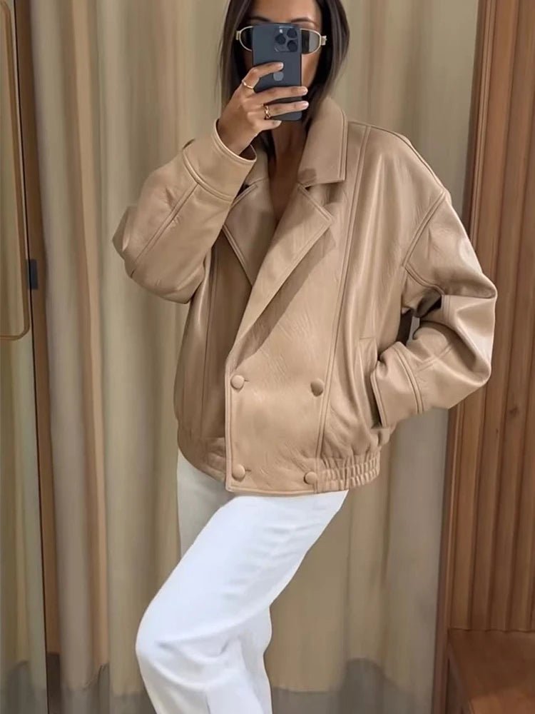 SOKYND Gloria Double Breasted Faux Leather Coat CoatSOKYND-969303-BEI-M-99799BeigeM
