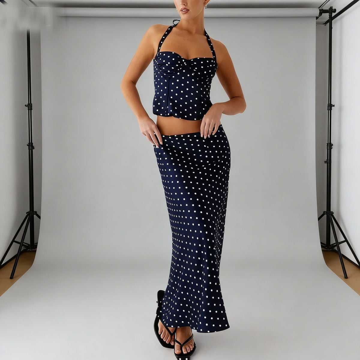 SOKYND Hana Polka Dot Two - Piece Maxi Set DressBlueS