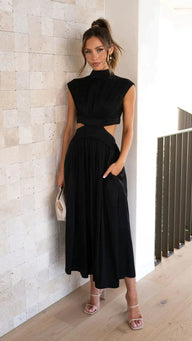 Hermione Midikleid mit hohem Kragen und Cut-out