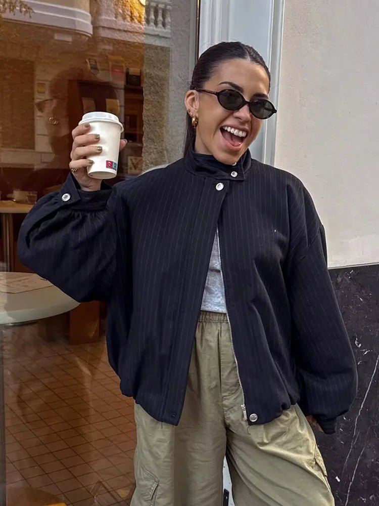 SOKYND Honora Pinstripe Bomber Jacket Coats & JacketsSOKYND-104343-DAR-XS-95031Dark Blue StripeXS
