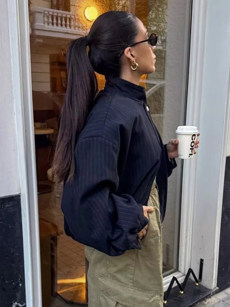 SOKYND Honora Pinstripe Bomber Jacket JacketDark Blue StripeS