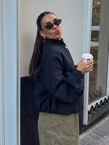 SOKYND Honora Pinstripe Bomber Jacket JacketDark Blue StripeS