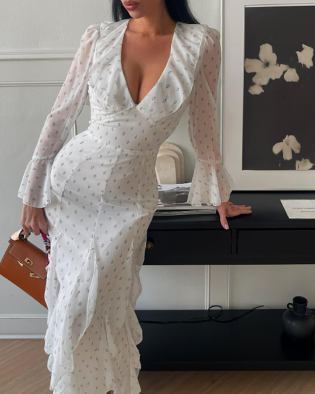 Gloria ausgestelltes Ärmelvolant Maxikleid