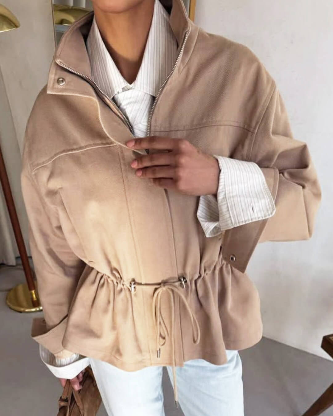 Joanna Drawstring Stand Collar Jacket in Beige