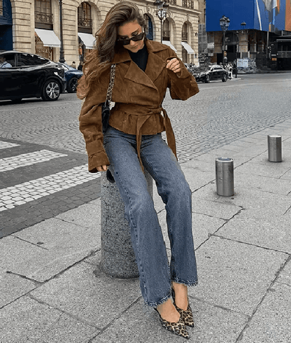 SOKYND Joanna Faux Suede Belted Wrap Jacket JacketSOKYND-270231-BRO-S-57687BrownS