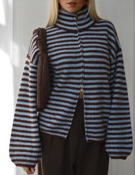 Kate gestreifter Pullover mit Stehkragen und Reißverschluss