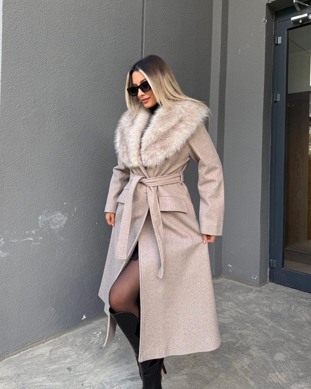 SOKYND Kirsty Faux Fur Collar Maxi Coat Coats & JacketsbC1767625273834864430BeigeM