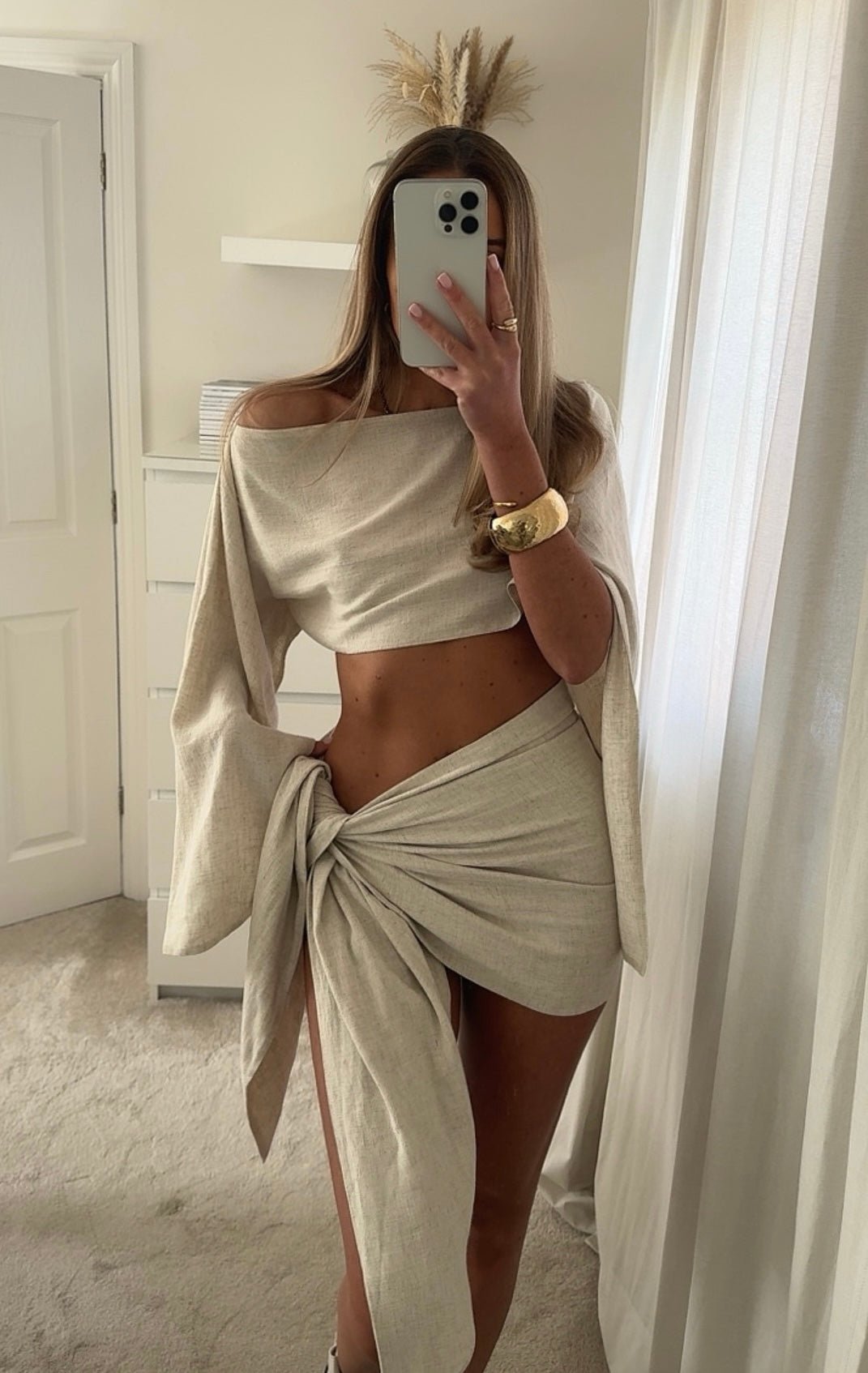 SOKYND Lucia Linen Sarong & Off - Shoulder Top Set Matching SetsCO1772580086487920651BeigeS
