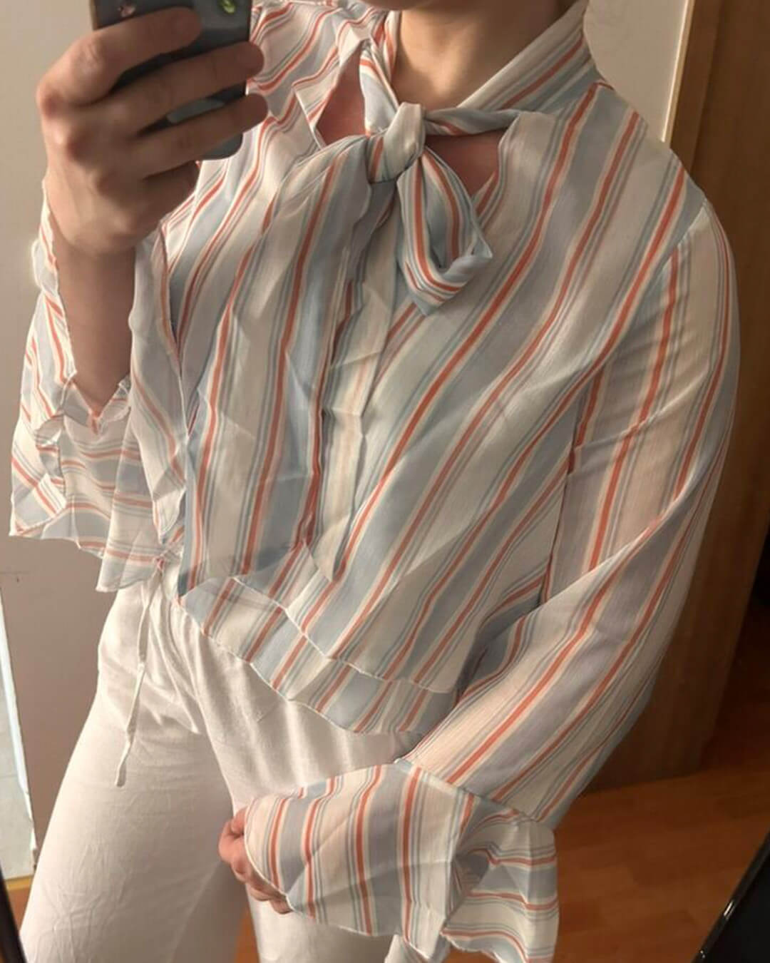 SOKYND Lucy Stripe Ruffle Tie-Neck Blouse BlouseSOKYND-524311-LIG-S-59287Light BlueS