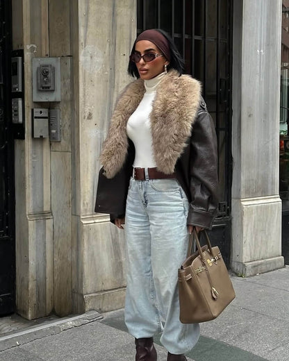 SOKYND Merriame Faux Leather Jacket with Detachable Fur Collar Coats & JacketsRp1767625273835923883BrownS
