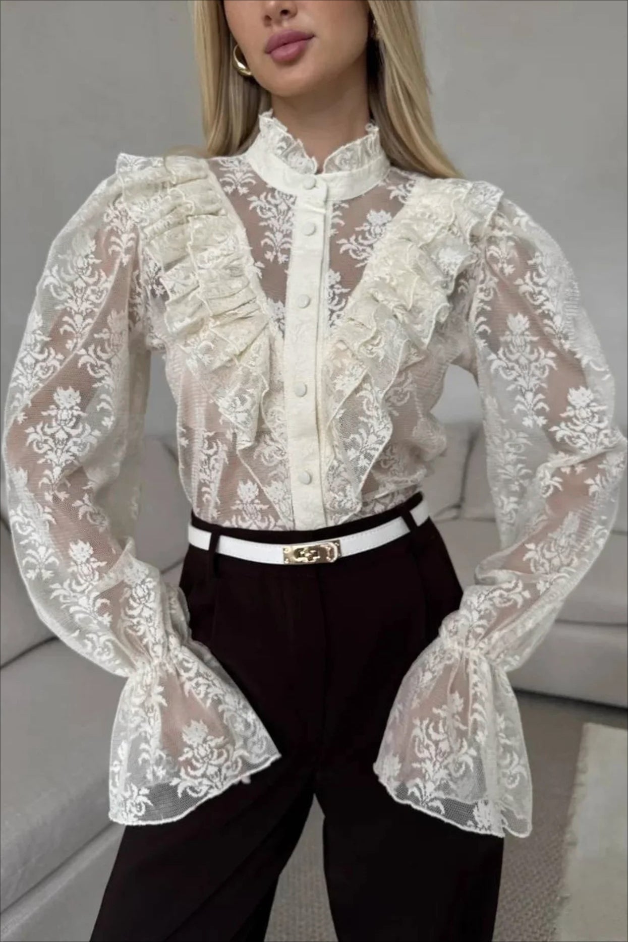 SOKYND Mia Ruffle Lace Sheer Blouse BlouseSOKYND-444951-BEI-M-20855BeigeM