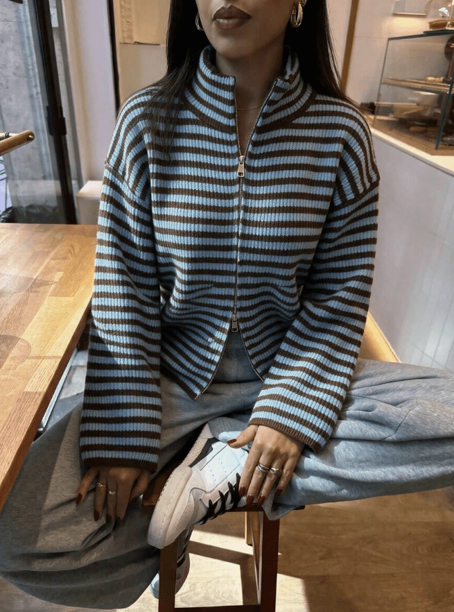 SOKYND Monica High Neck Zip-Up Cardigan CardiganSOKYND-538647-BLU-L-42775Blue StripesL