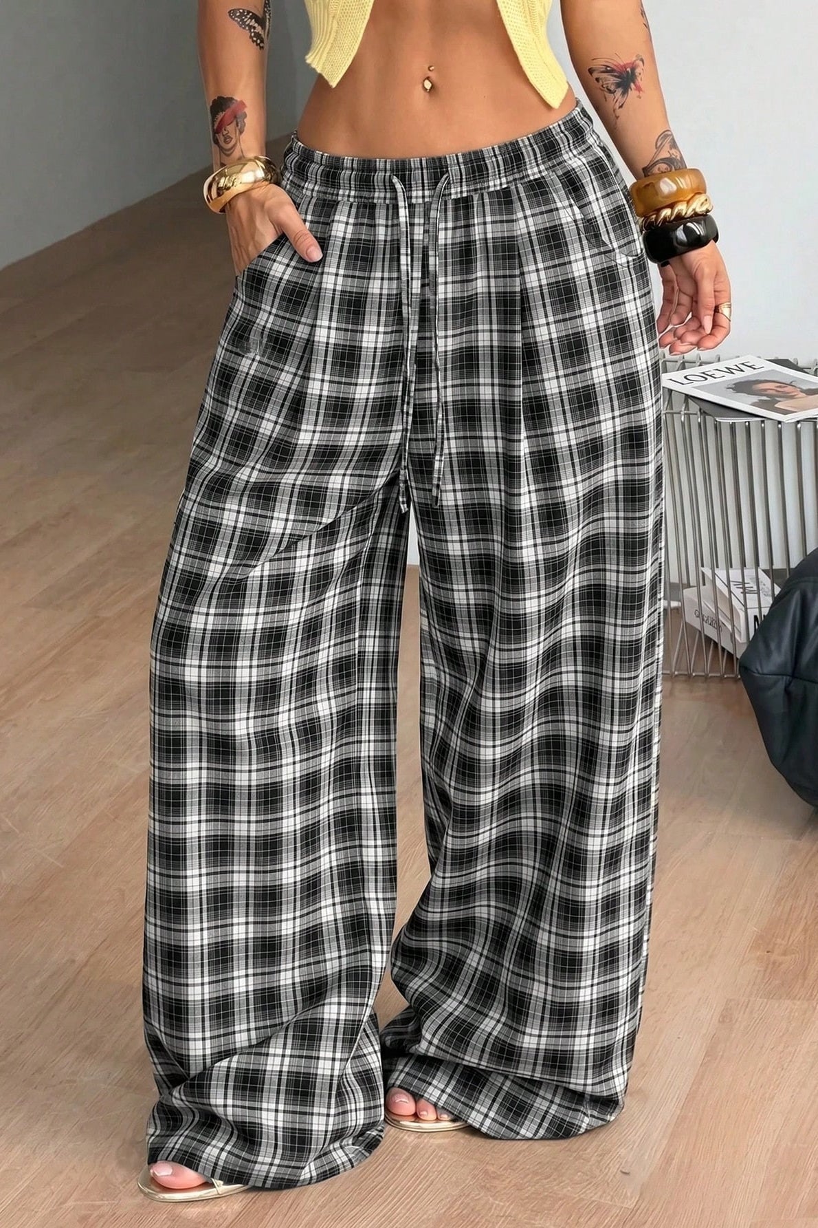 SOKYND Naomi Drawstring Wide Leg Plaid Pants PantsSOKYND-172119-BLA-M-41111BlackM