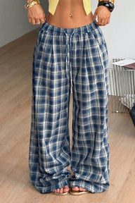 Naomi Kordelzug Weite Kariertes Hosenbein Hose