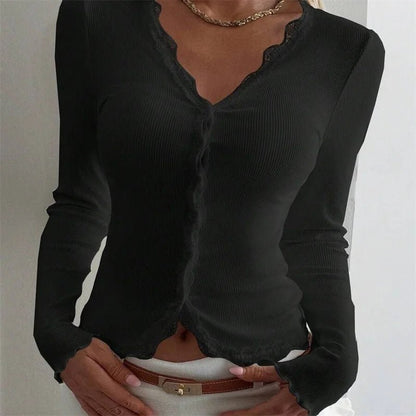 SOKYND Nora Ribbed Lace Trim V - Neck Blouse BlouseBlackS