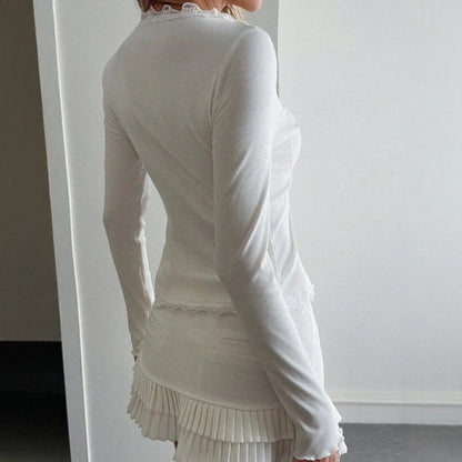 SOKYND Nora Ribbed Lace Trim V - Neck Blouse BlouseWhiteL