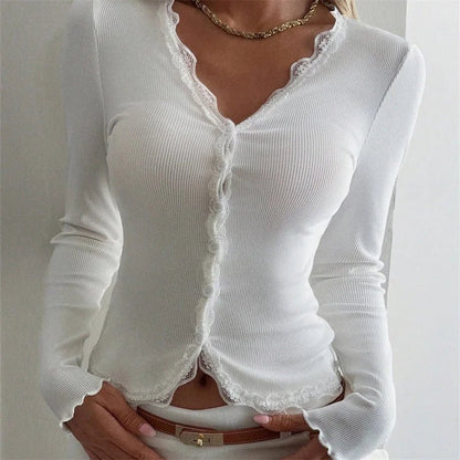 SOKYND Nora Ribbed Lace Trim V - Neck Blouse BlouseWhiteS