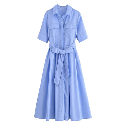 SOKYND Paloma Belted Shirt Midi Dress DressBlueXS