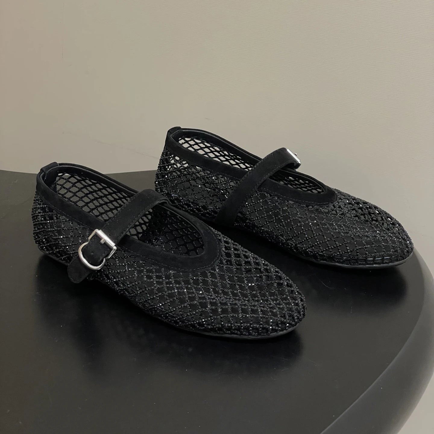 SOKYND Rebecca Rhinestone Mesh Ballet Flats ShoesBlack35