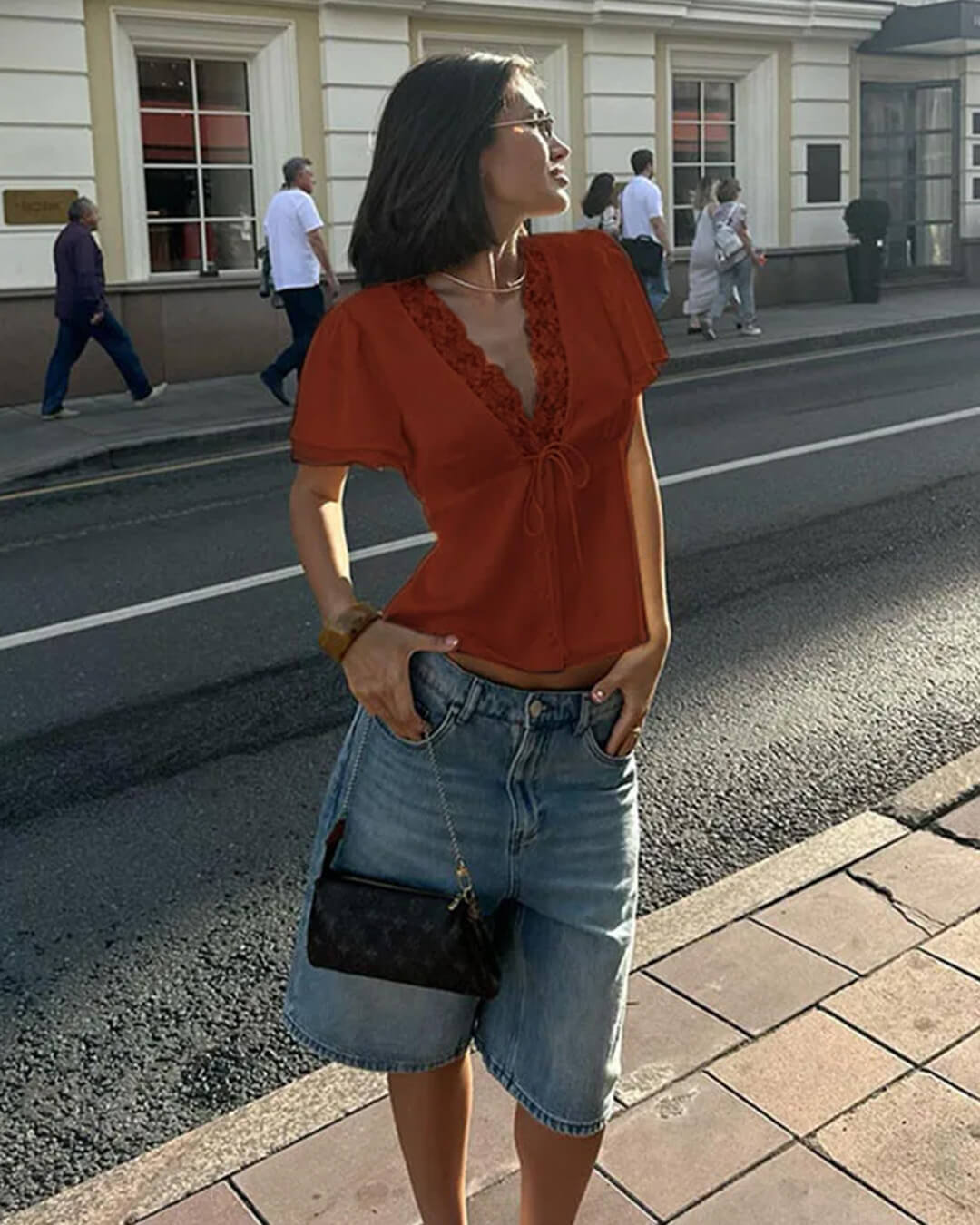 SOKYND Rosalie Lace Short Sleeve V-Neck Top TopsCK1772777205917106073BrownM