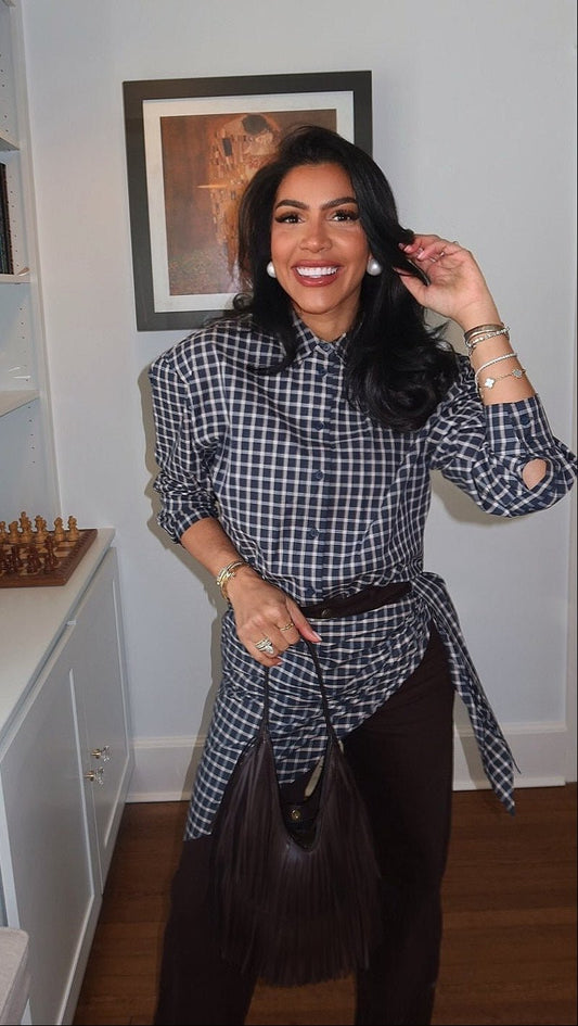 SOKYND Sabrina Plaid Scarf-Tie Shirt BlouseSOKYND-228247-NAV-S-16983NavyS