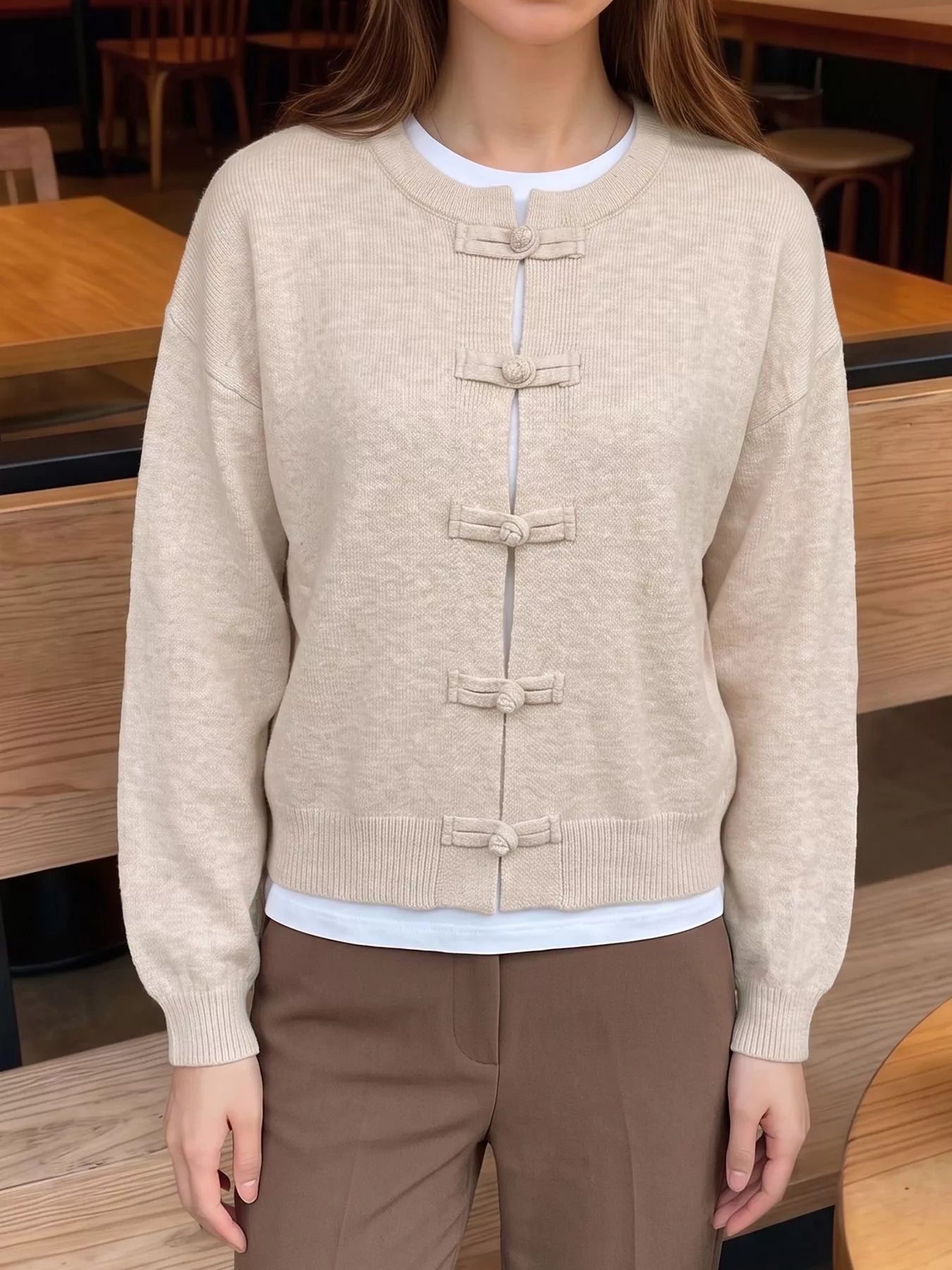 SOKYND Sara Frog Knots Knitted Cardigan CardiganSOKYND-490071-BEI-S-95895ApricotS