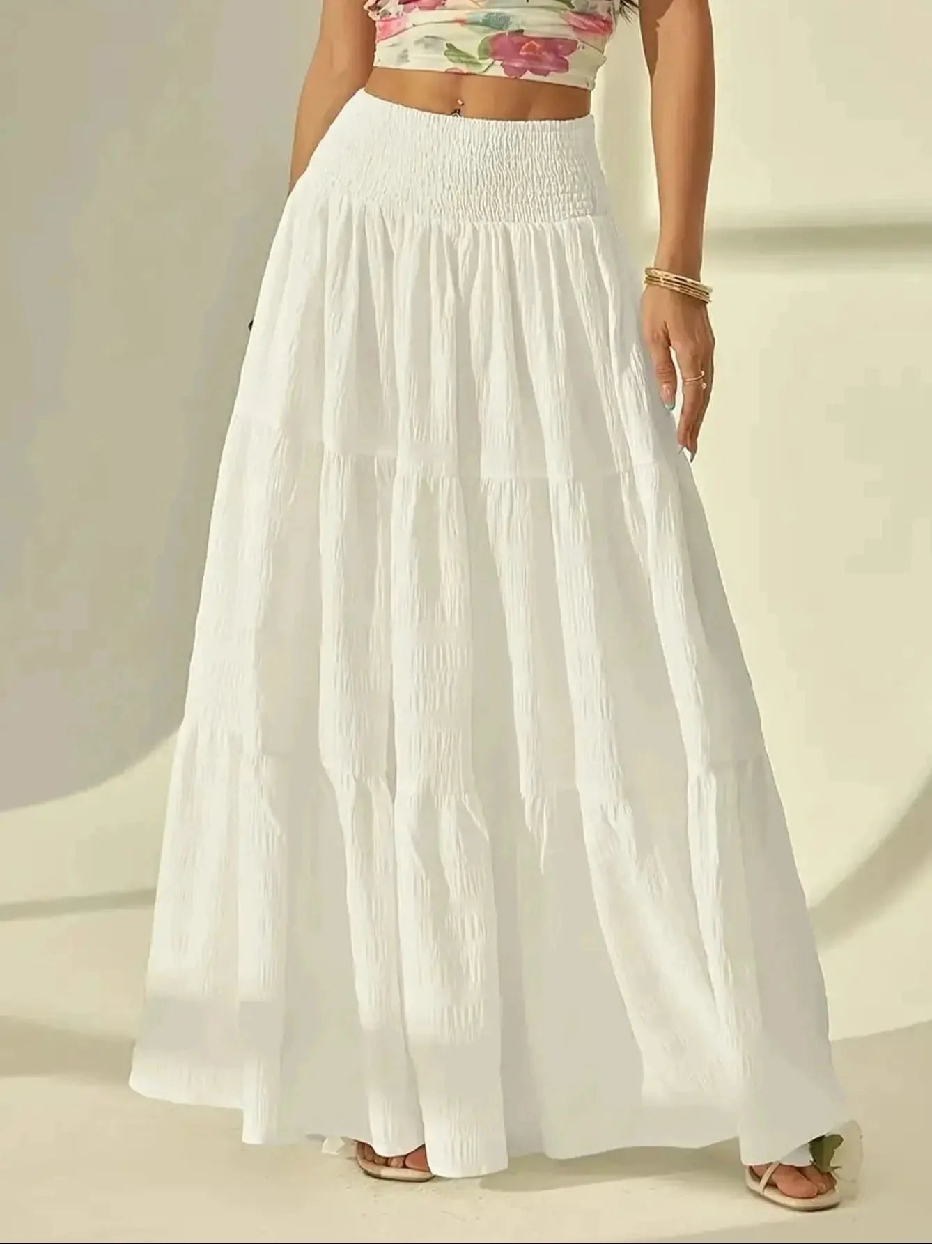 SOKYND Sienna Tiered Maxi Skirt Elastic Waist BottomsSOKYND-714903-WHI-S-59447WhiteS