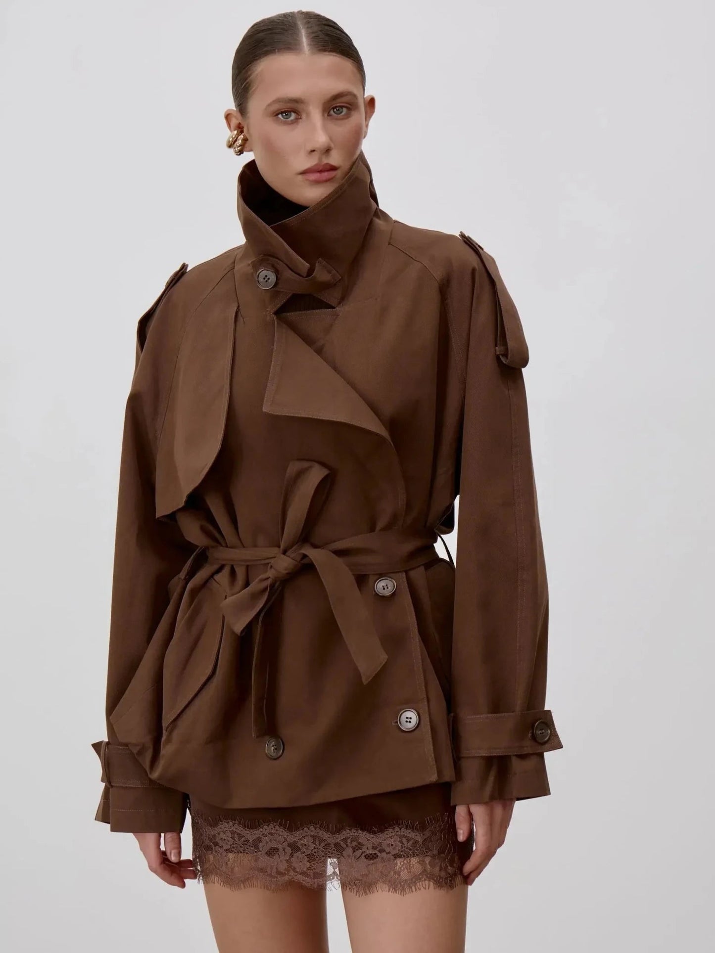 SOKYND Sophie Lace Up Stand Collar Trenchcoat Coats & Jacketswi1774219786679420476Dark BrownS