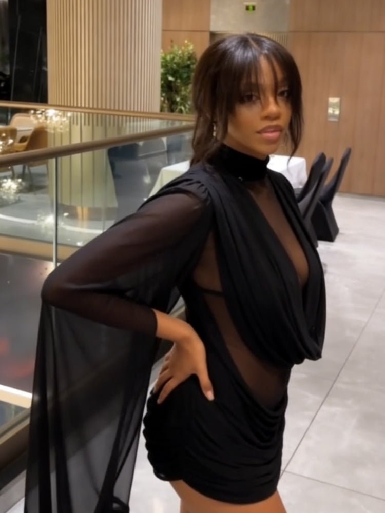 SOKYND Stacey Sheer Mini Dress with Cape Sleeves DressesAm1773141022781260654BlackXS