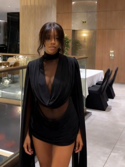 SOKYND Stacey Sheer Mini Dress with Cape Sleeves DressesAm1773141022781260654BlackXS