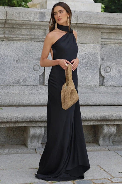 SOKYND Tirzah Satin Halter Cape Dress DressBlackS