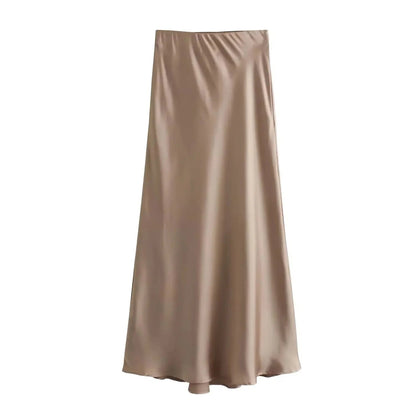 SOKYND Yui High Waist Black Satin Midi Skirt SkirtBrownXS